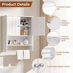 Meuble haut de salle de bain avec porte-serviettes, double porte et étagère réglable, blanc, pour buanderie ou arrière-cuisine