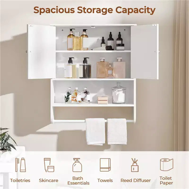 Meuble haut de salle de bain avec porte-serviettes, double porte et étagère réglable, blanc, pour buanderie ou arrière-cuisine