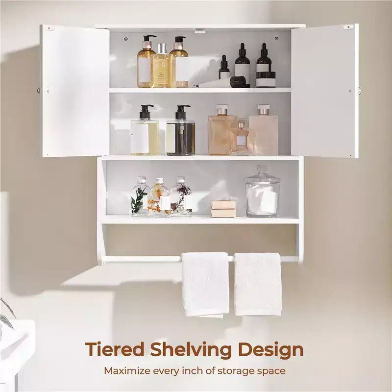 Meuble haut de salle de bain avec porte-serviettes, double porte et étagère réglable, blanc, pour buanderie ou arrière-cuisine