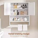 Meuble haut de salle de bain avec porte-serviettes, double porte et étagère réglable, blanc, pour buanderie ou arrière-cuisine