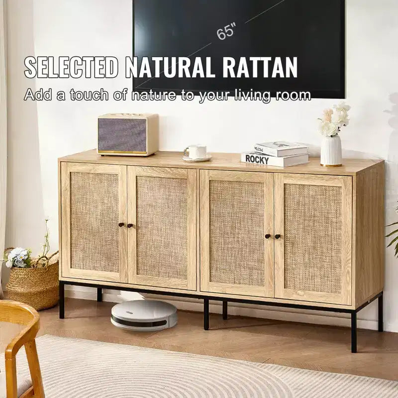 Armoire de rangement en rotin avec 4 portes magnétiques et étagères réglables, buffet pour couloir ou entrée, naturel