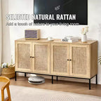 Armoire de rangement en rotin avec 4 portes magnétiques et étagères réglables, buffet pour couloir ou entrée, naturel