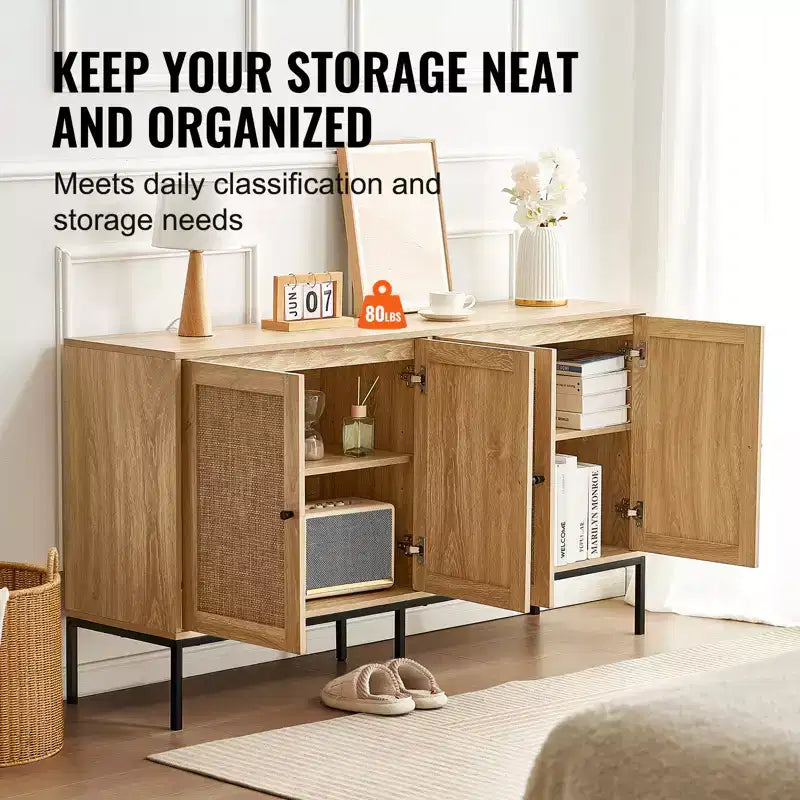 Armoire de rangement en rotin avec 4 portes magnétiques et étagères réglables, buffet pour couloir ou entrée, naturel