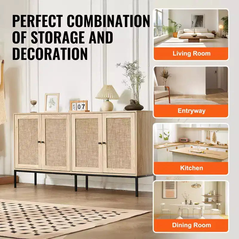 Armoire de rangement en rotin avec 4 portes magnétiques et étagères réglables, buffet pour couloir ou entrée, naturel