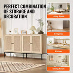 Armoire de rangement en rotin avec 4 portes magnétiques et étagères réglables, buffet pour couloir ou entrée, naturel
