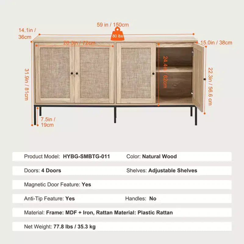 Armoire de rangement en rotin avec 4 portes magnétiques et étagères réglables, buffet pour couloir ou entrée, naturel