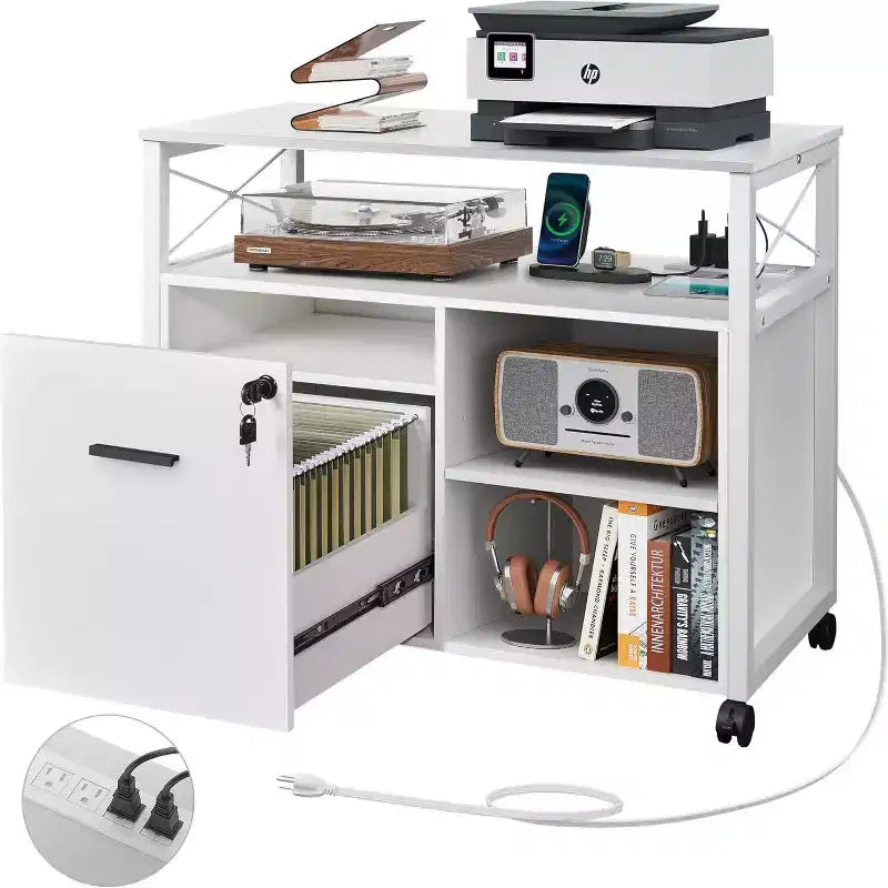 Meuble de rangement latéral verrouillable et support d'imprimante roulant avec étagère de rangement ouverte, Blanc