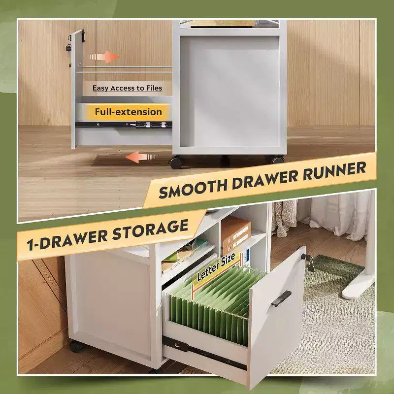 Meuble de rangement latéral verrouillable et support d'imprimante roulant avec étagère de rangement ouverte, Blanc