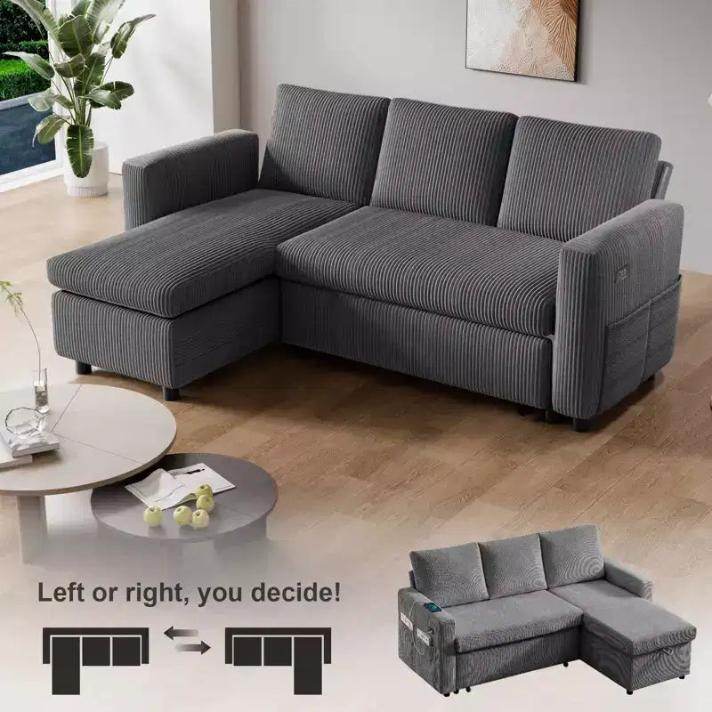 Canapé convertible multifonctionnel en forme de L de 205 cm avec lit gigogne, dossier réglable et installation sans outils, en velours côtelé