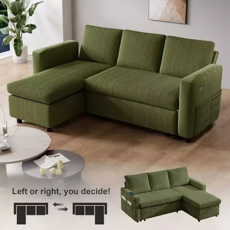 Canapé convertible multifonctionnel en forme de L de 205 cm avec lit gigogne, dossier réglable et installation sans outils, en velours côtelé