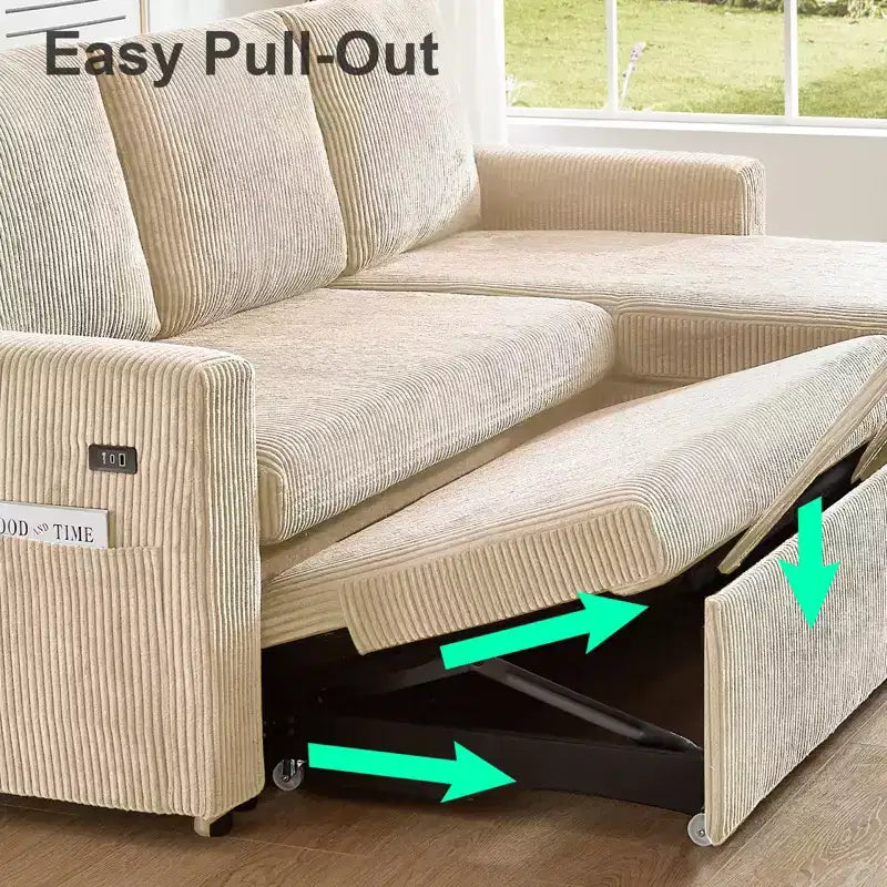Canapé convertible multifonctionnel en forme de L de 205 cm avec lit gigogne, dossier réglable et installation sans outils, en velours côtelé