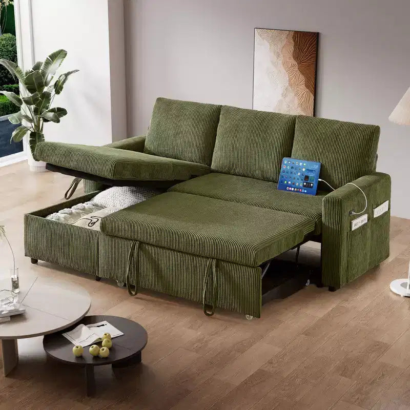 Canapé convertible multifonctionnel en forme de L de 205 cm avec lit gigogne, dossier réglable et installation sans outils, en velours côtelé