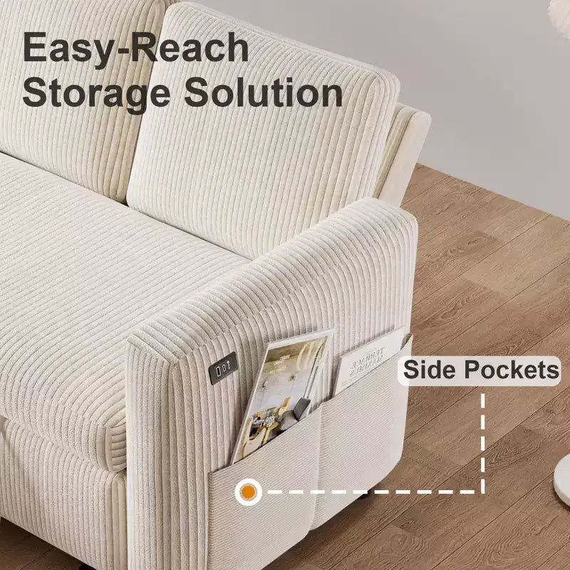 Canapé convertible multifonctionnel en forme de L de 205 cm avec lit gigogne, dossier réglable et installation sans outils, en velours côtelé