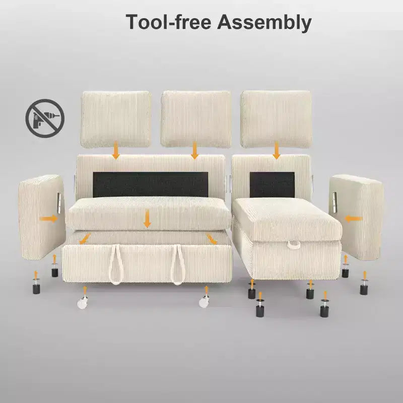 Canapé convertible multifonctionnel en forme de L de 205 cm avec lit gigogne, dossier réglable et installation sans outils, en velours côtelé