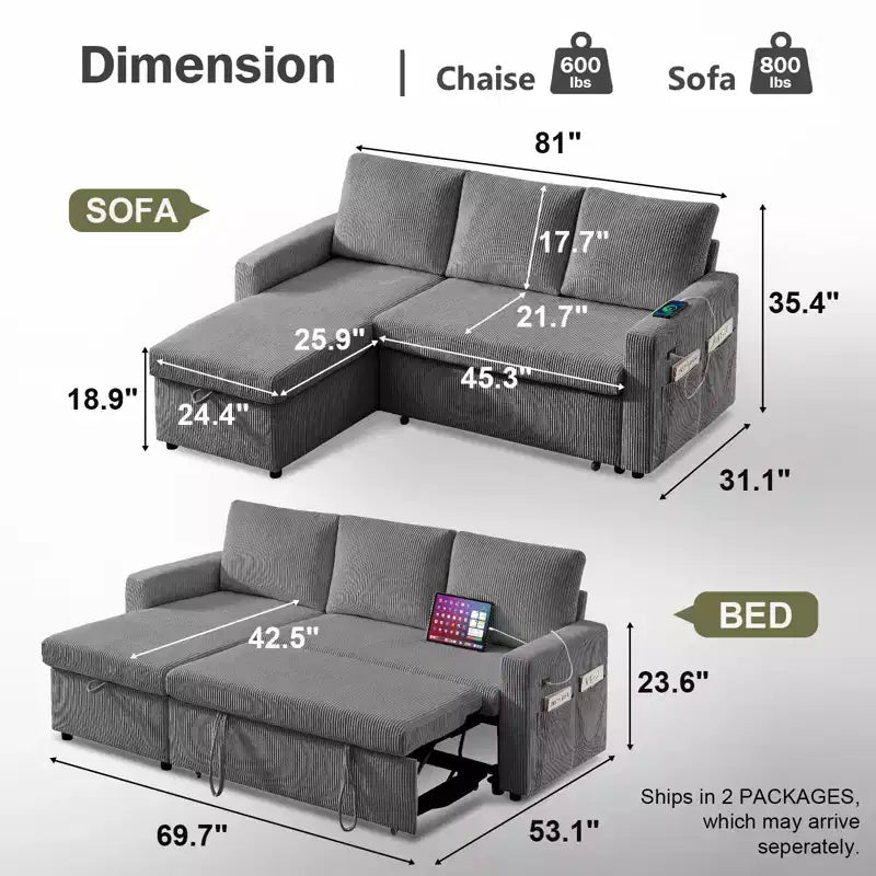 Canapé convertible multifonctionnel en forme de L de 205 cm avec lit gigogne, dossier réglable et installation sans outils, en velours côtelé