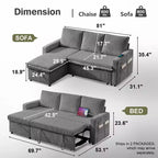 Canapé convertible multifonctionnel en forme de L de 205 cm avec lit gigogne, dossier réglable et installation sans outils, en velours côtelé