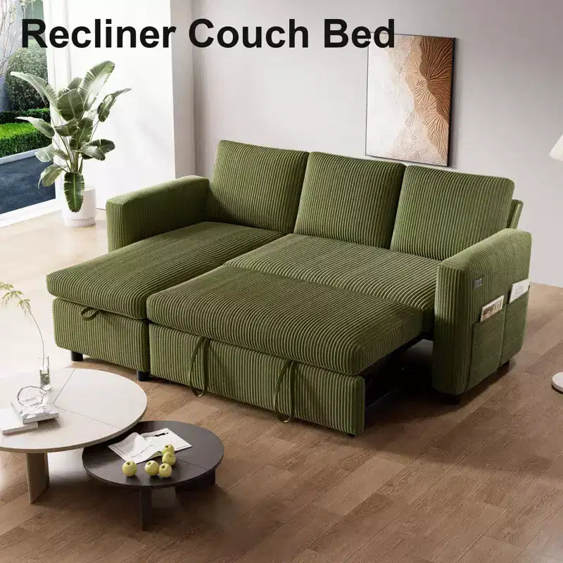 Canapé convertible multifonctionnel en forme de L de 205 cm avec lit gigogne, dossier réglable et installation sans outils, en velours côtelé