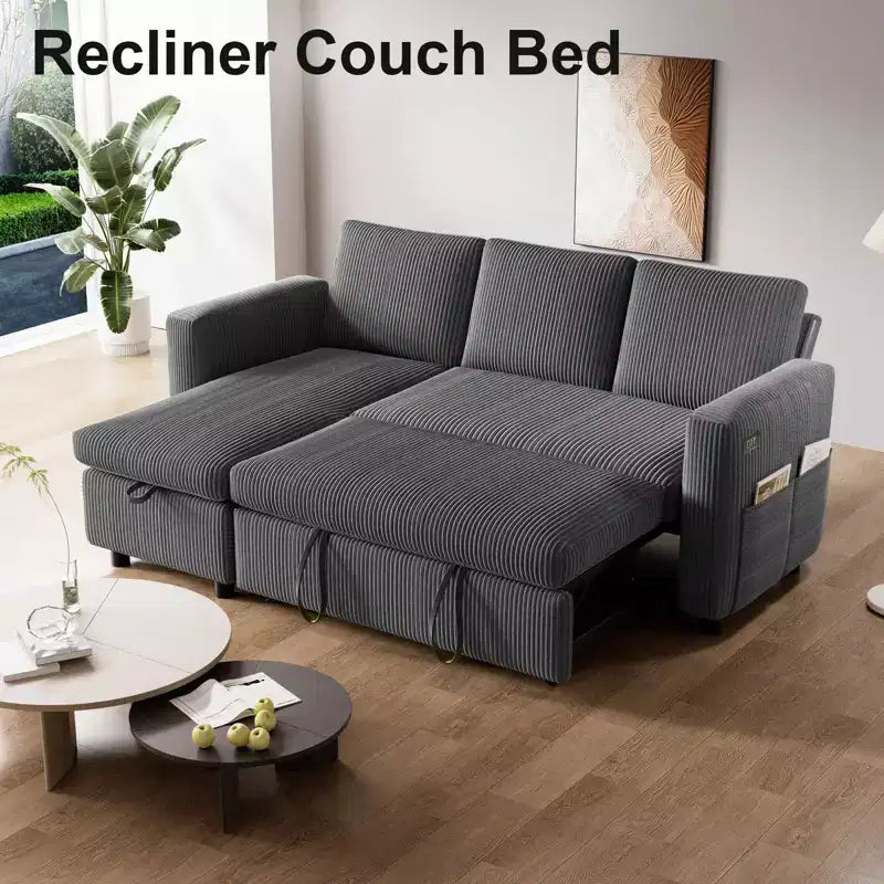 Canapé convertible multifonctionnel en forme de L de 205 cm avec lit gigogne, dossier réglable et installation sans outils, en velours côtelé