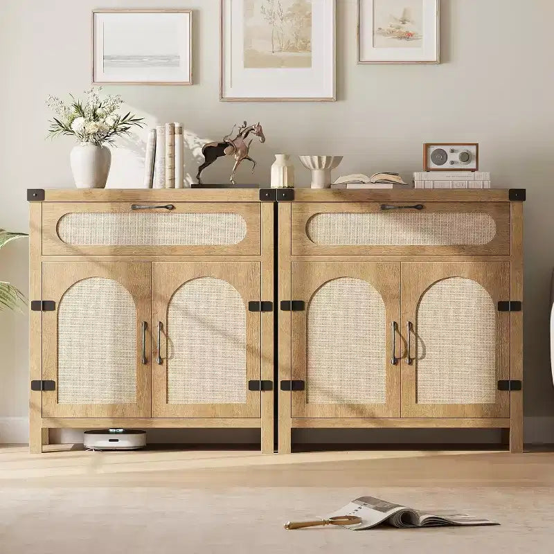 Buffet avec rangement, buffet de style ferme bohème doté d'étagères réglables et de poignées, adapté aux cuisines