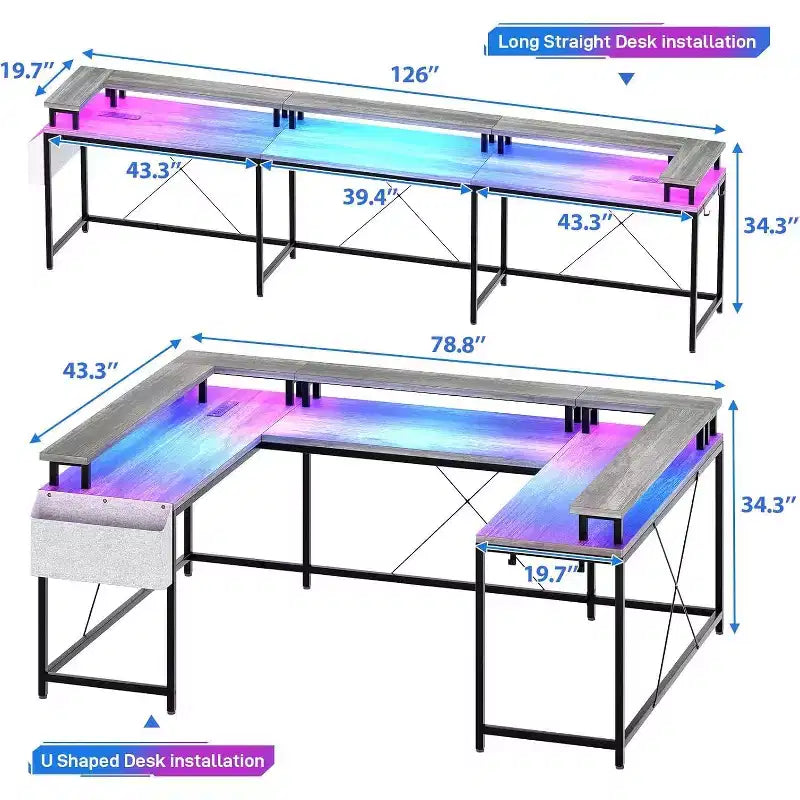 Bureau d'angle en U pour jeux vidéo, avec lumières LED et prises de courant, bureau d'ordinateur d'angle avec étagères de rangement, pour bureau à domicile