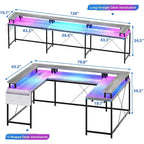 Bureau d'angle en U pour jeux vidéo, avec lumières LED et prises de courant, bureau d'ordinateur d'angle avec étagères de rangement, pour bureau à domicile
