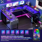 Bureau d'angle en U pour jeux vidéo, avec lumières LED et prises de courant, bureau d'ordinateur d'angle avec étagères de rangement, pour bureau à domicile