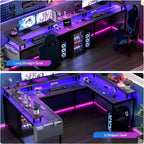 Bureau d'angle en U pour jeux vidéo, avec lumières LED et prises de courant, bureau d'ordinateur d'angle avec étagères de rangement, pour bureau à domicile