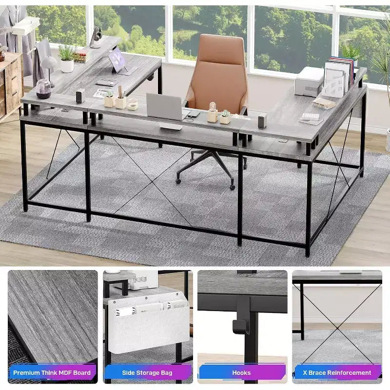 Bureau d'angle en U pour jeux vidéo, avec lumières LED et prises de courant, bureau d'ordinateur d'angle avec étagères de rangement, pour bureau à domicile