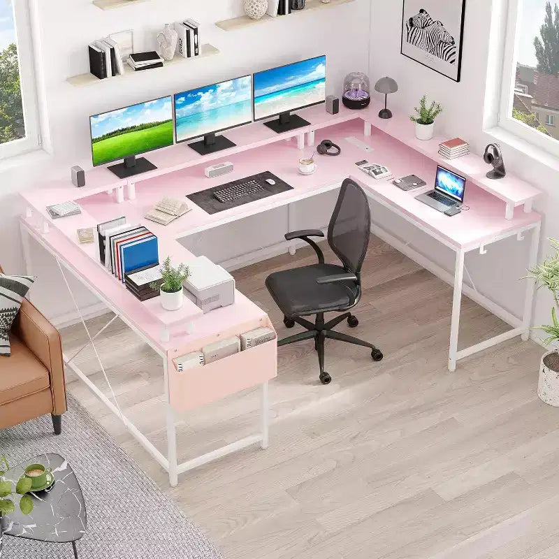 Bureau d'angle en U pour jeux vidéo, avec lumières LED et prises de courant, bureau d'ordinateur d'angle avec étagères de rangement, pour bureau à domicile