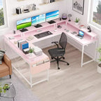 Bureau d'angle en U pour jeux vidéo, avec lumières LED et prises de courant, bureau d'ordinateur d'angle avec étagères de rangement, pour bureau à domicile