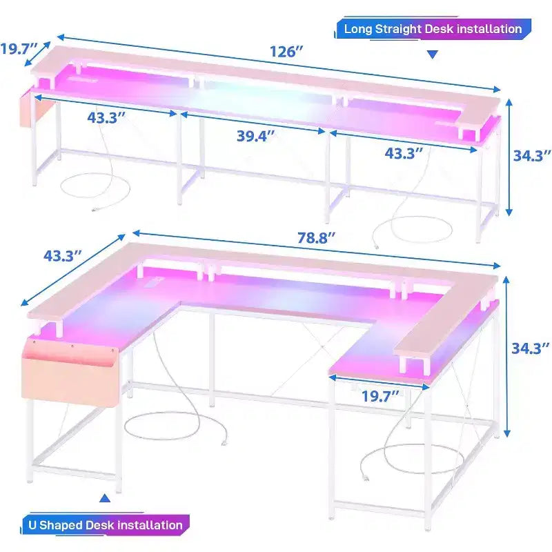 Bureau d'angle en U pour jeux vidéo, avec lumières LED et prises de courant, bureau d'ordinateur d'angle avec étagères de rangement, pour bureau à domicile