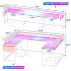 Bureau d'angle en U pour jeux vidéo, avec lumières LED et prises de courant, bureau d'ordinateur d'angle avec étagères de rangement, pour bureau à domicile