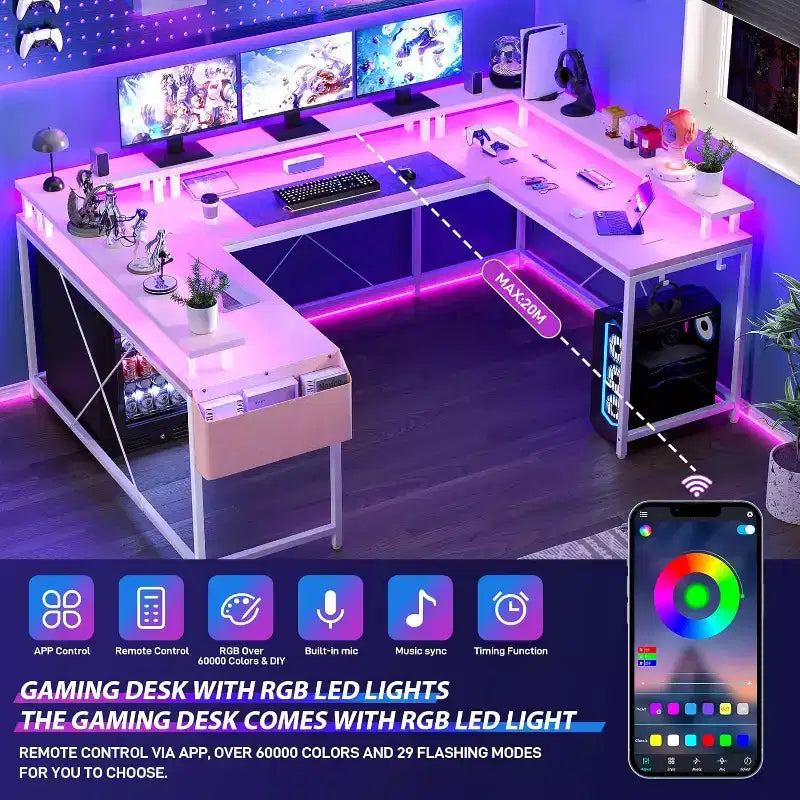 Bureau d'angle en U pour jeux vidéo, avec lumières LED et prises de courant, bureau d'ordinateur d'angle avec étagères de rangement, pour bureau à domicile