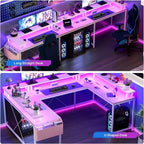 Bureau d'angle en U pour jeux vidéo, avec lumières LED et prises de courant, bureau d'ordinateur d'angle avec étagères de rangement, pour bureau à domicile