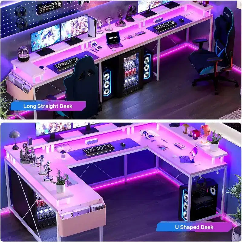 Bureau d'angle en U pour jeux vidéo, avec lumières LED et prises de courant, bureau d'ordinateur d'angle avec étagères de rangement, pour bureau à domicile