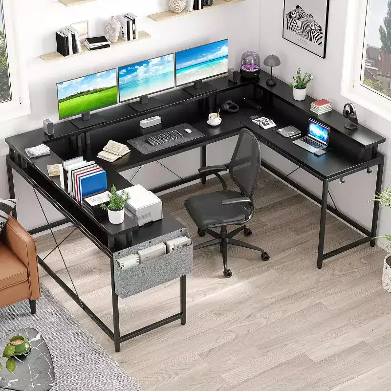 Bureau d'angle en U pour jeux vidéo, avec lumières LED et prises de courant, bureau d'ordinateur d'angle avec étagères de rangement, pour bureau à domicile