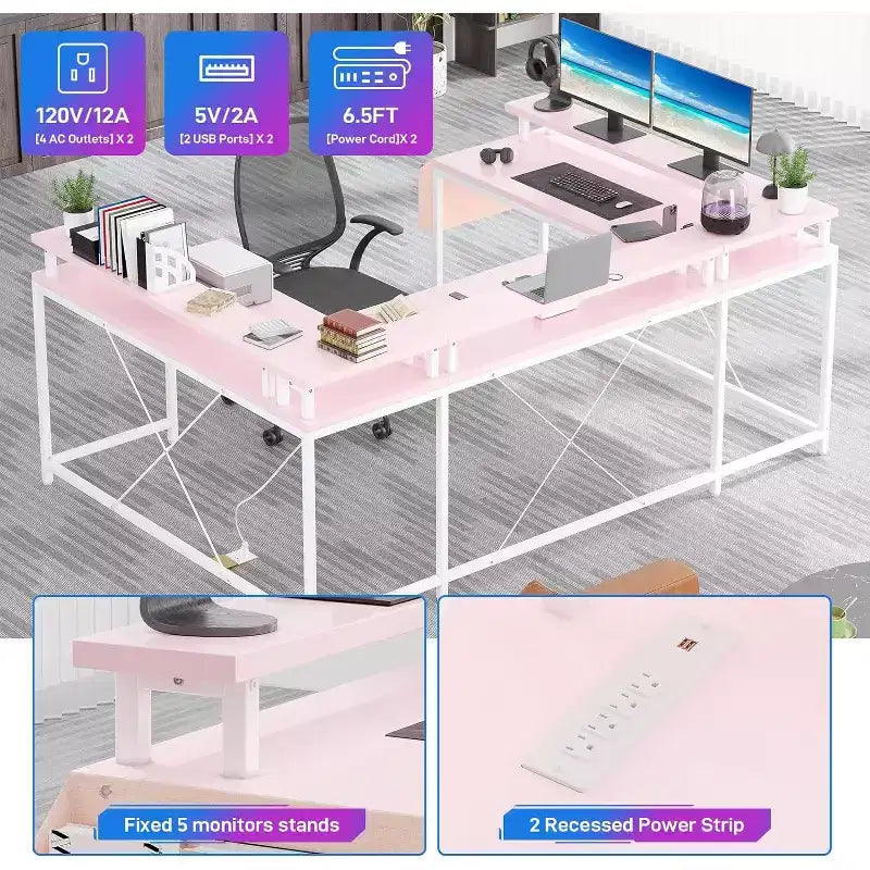 Bureau d'angle en U pour jeux vidéo, avec lumières LED et prises de courant, bureau d'ordinateur d'angle avec étagères de rangement, pour bureau à domicile