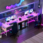 Bureau d'angle en U pour jeux vidéo, avec lumières LED et prises de courant, bureau d'ordinateur d'angle avec étagères de rangement, pour bureau à domicile