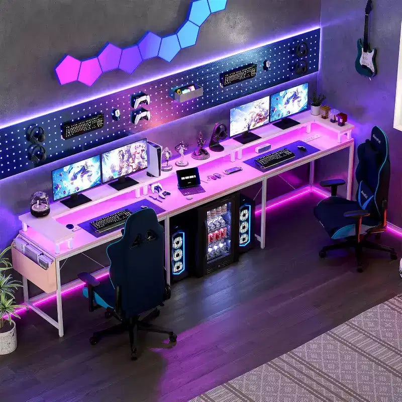 Bureau d'angle en U pour jeux vidéo, avec lumières LED et prises de courant, bureau d'ordinateur d'angle avec étagères de rangement, pour bureau à domicile
