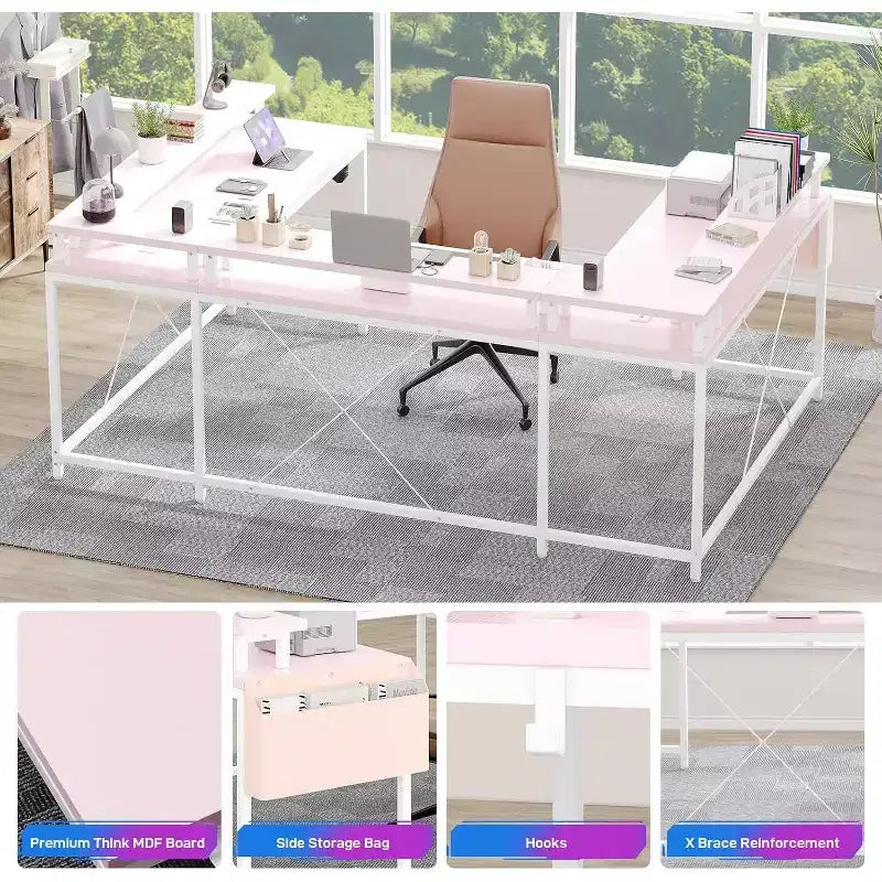 Bureau d'angle en U pour jeux vidéo, avec lumières LED et prises de courant, bureau d'ordinateur d'angle avec étagères de rangement, pour bureau à domicile
