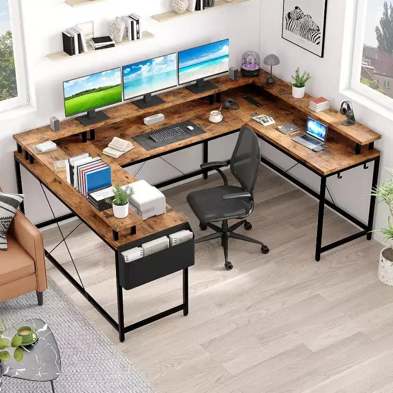 Bureau d'angle en U pour jeux vidéo, avec lumières LED et prises de courant, bureau d'ordinateur d'angle avec étagères de rangement, pour bureau à domicile