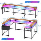 Bureau d'angle en U pour jeux vidéo, avec lumières LED et prises de courant, bureau d'ordinateur d'angle avec étagères de rangement, pour bureau à domicile