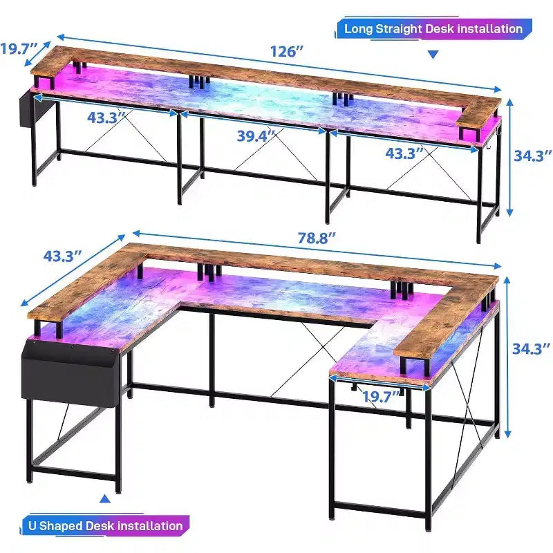 Bureau d'angle en U pour jeux vidéo, avec lumières LED et prises de courant, bureau d'ordinateur d'angle avec étagères de rangement, pour bureau à domicile
