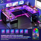 Bureau d'angle en U pour jeux vidéo, avec lumières LED et prises de courant, bureau d'ordinateur d'angle avec étagères de rangement, pour bureau à domicile