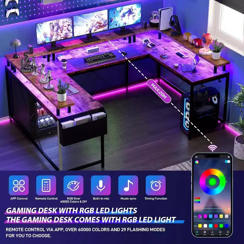 Bureau d'angle en U pour jeux vidéo, avec lumières LED et prises de courant, bureau d'ordinateur d'angle avec étagères de rangement, pour bureau à domicile
