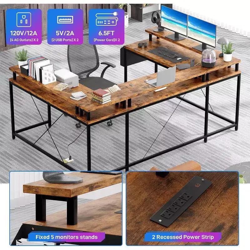 Bureau d'angle en U pour jeux vidéo, avec lumières LED et prises de courant, bureau d'ordinateur d'angle avec étagères de rangement, pour bureau à domicile