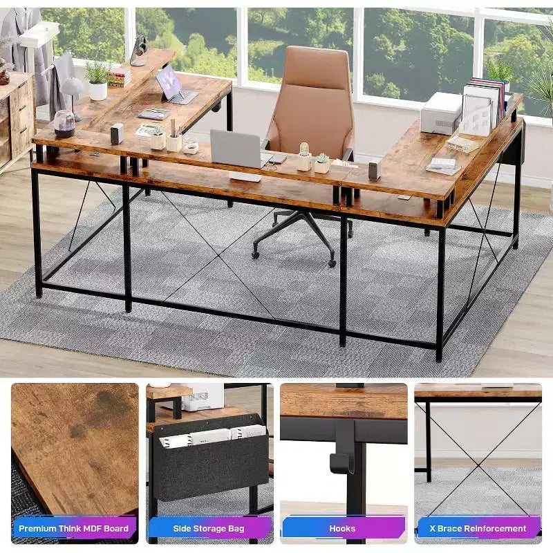 Bureau d'angle en U pour jeux vidéo, avec lumières LED et prises de courant, bureau d'ordinateur d'angle avec étagères de rangement, pour bureau à domicile
