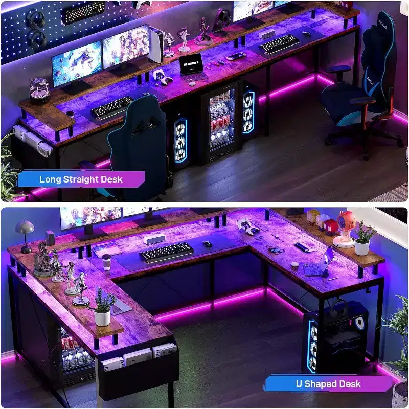 Bureau d'angle en U pour jeux vidéo, avec lumières LED et prises de courant, bureau d'ordinateur d'angle avec étagères de rangement, pour bureau à domicile