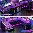 Bureau d'angle en U pour jeux vidéo, avec lumières LED et prises de courant, bureau d'ordinateur d'angle avec étagères de rangement, pour bureau à domicile