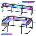 Bureau d'angle en U pour jeux vidéo, avec lumières LED et prises de courant, bureau d'ordinateur d'angle avec étagères de rangement, pour bureau à domicile